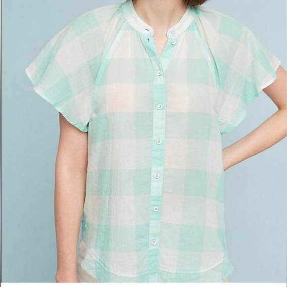MAEVE ANTHROPOLOGIE Short Sleeve Flutter Plaid Gingham Button Front Top - Picture 1 of 8
